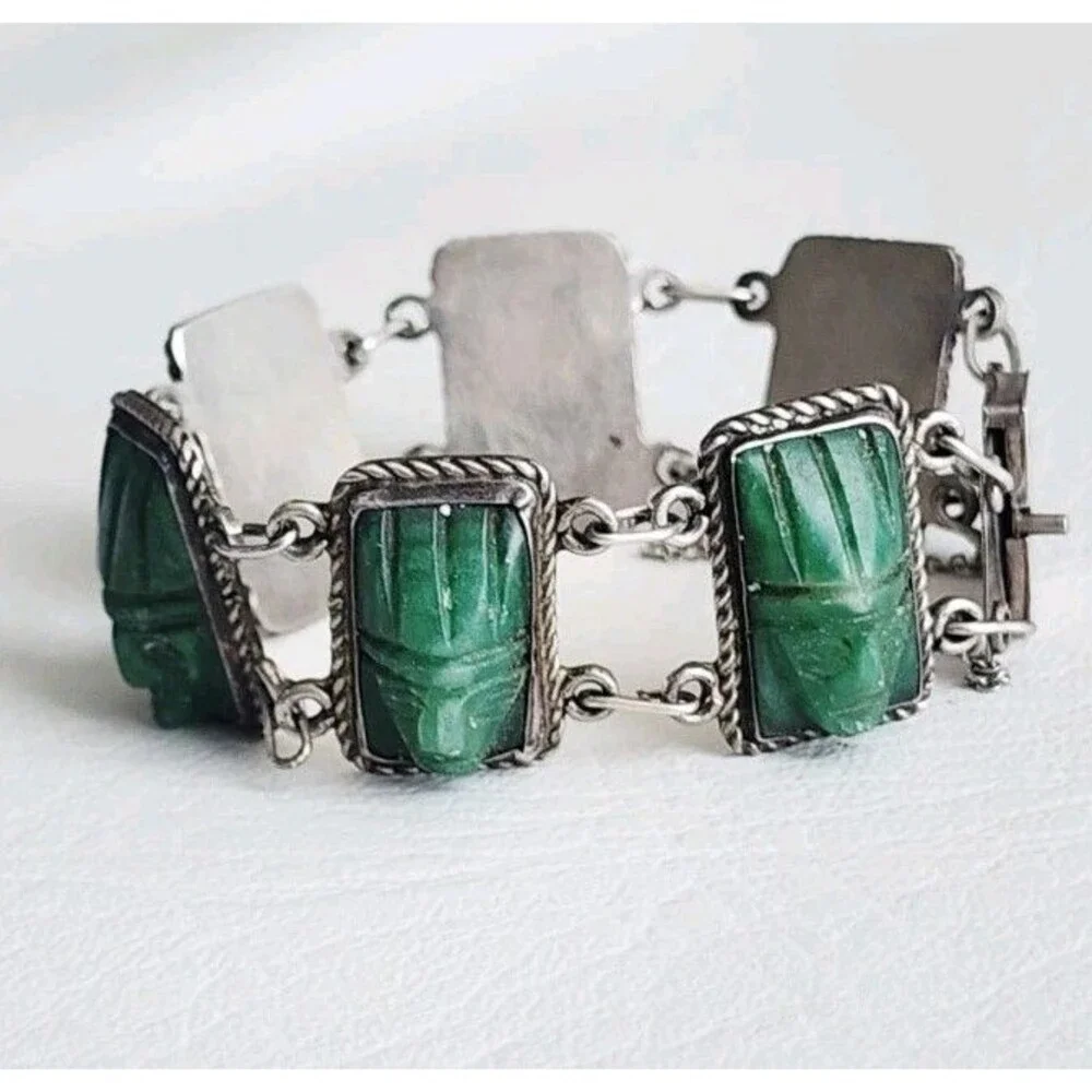 Vintage Mexico Sterling Silver Carved Green Jade Mayan Mask Link Bracelet 7" 44g - Picture 4 of 8